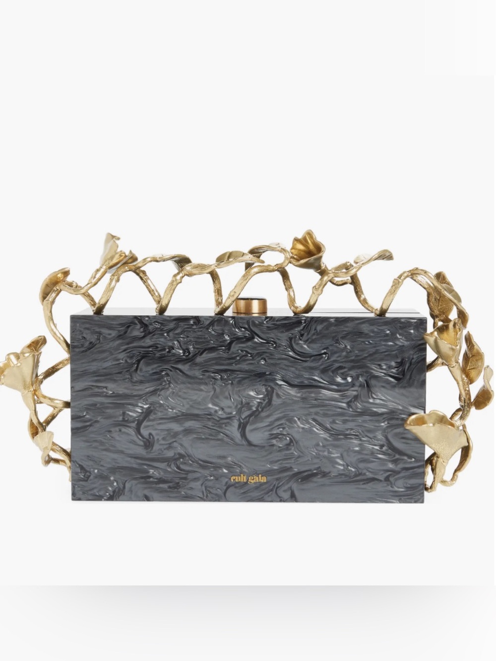 Never Used Gaia Black Fana Marble Acrylic Minaudière with Gold Vine clutch